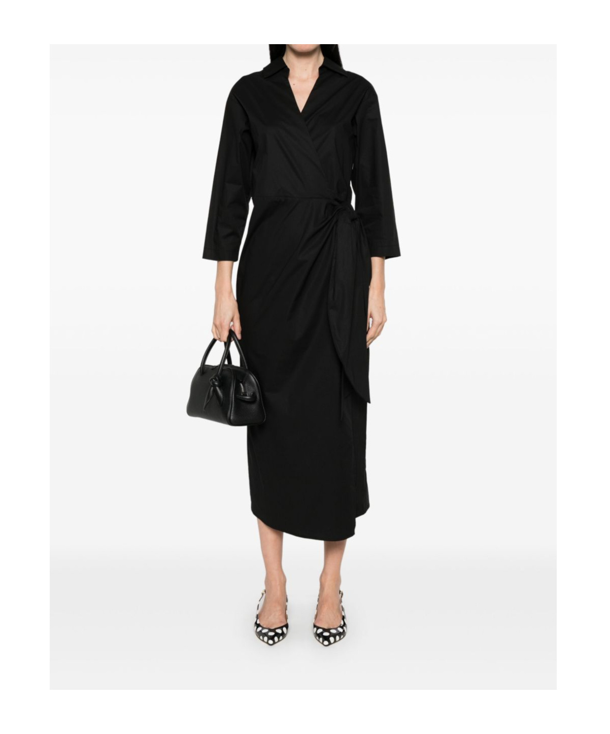 Twinset Twin-set Wrap-design Black Midi Dress With Tie Waist