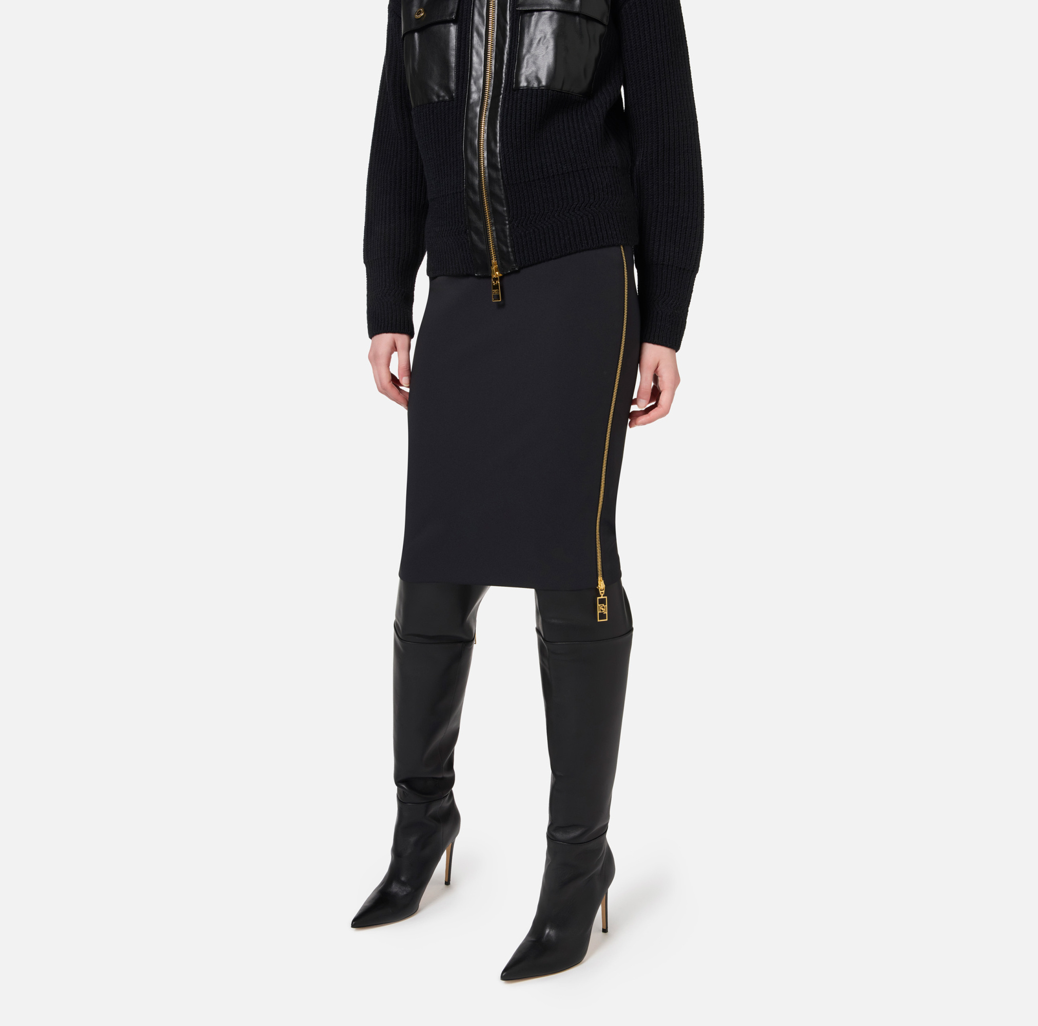 Elisabetta Franchi High Waist Back Slit Knee-length Skirts In Black