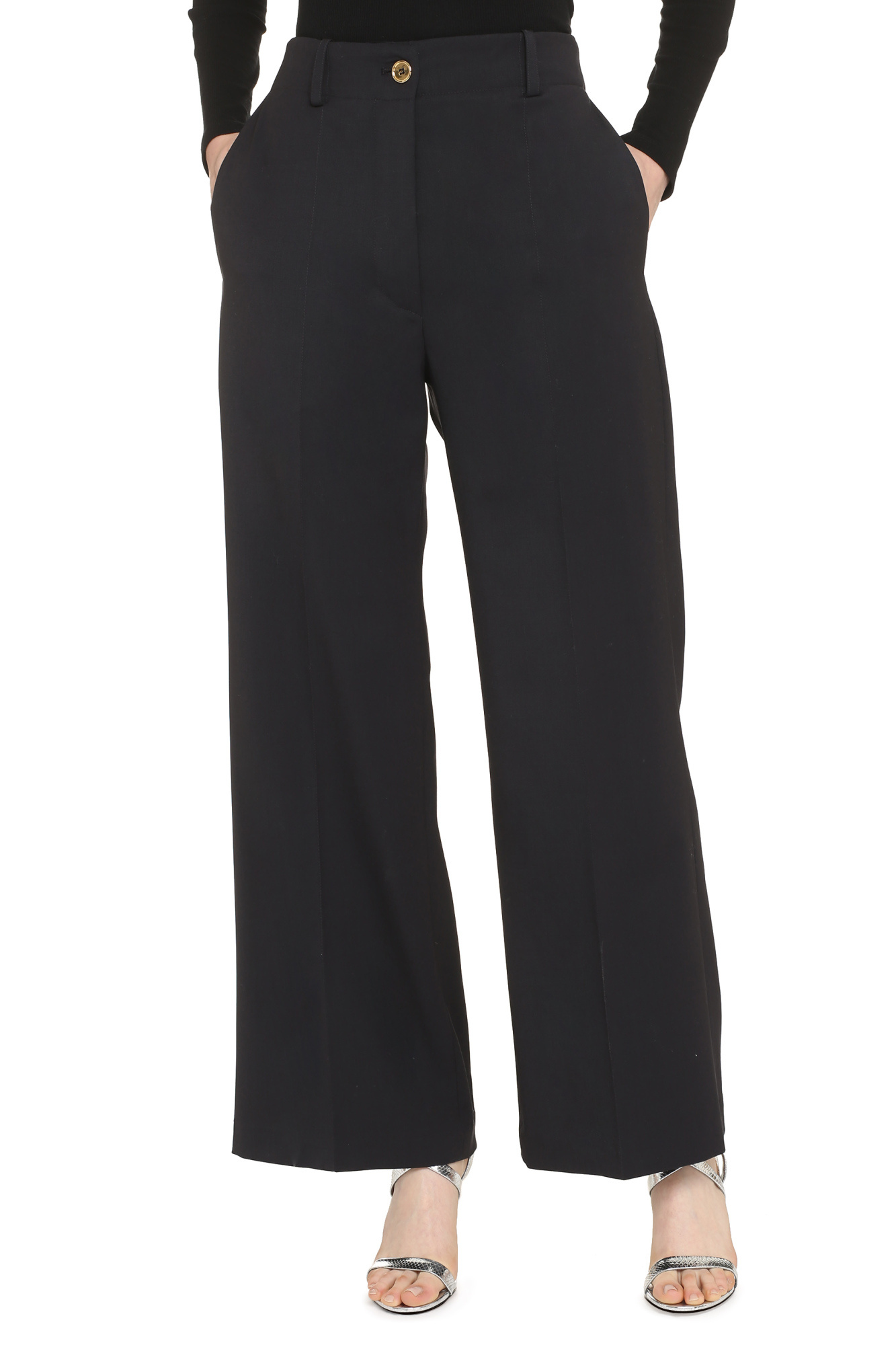 Patou Flared High-waisted Wool Blend Trousers In Black