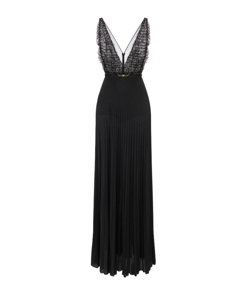 Elisabetta Franchi Abito Red Carpet In Tulle E Jersey Con Cristalli In Black