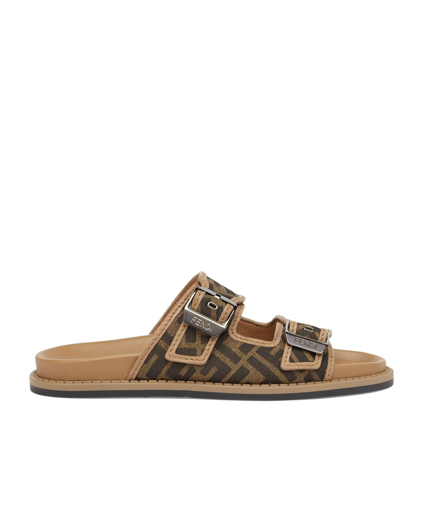 Fendi Canvas Feel Slippers With Adjustable Straps And Ff Motif Embroidery In Brown