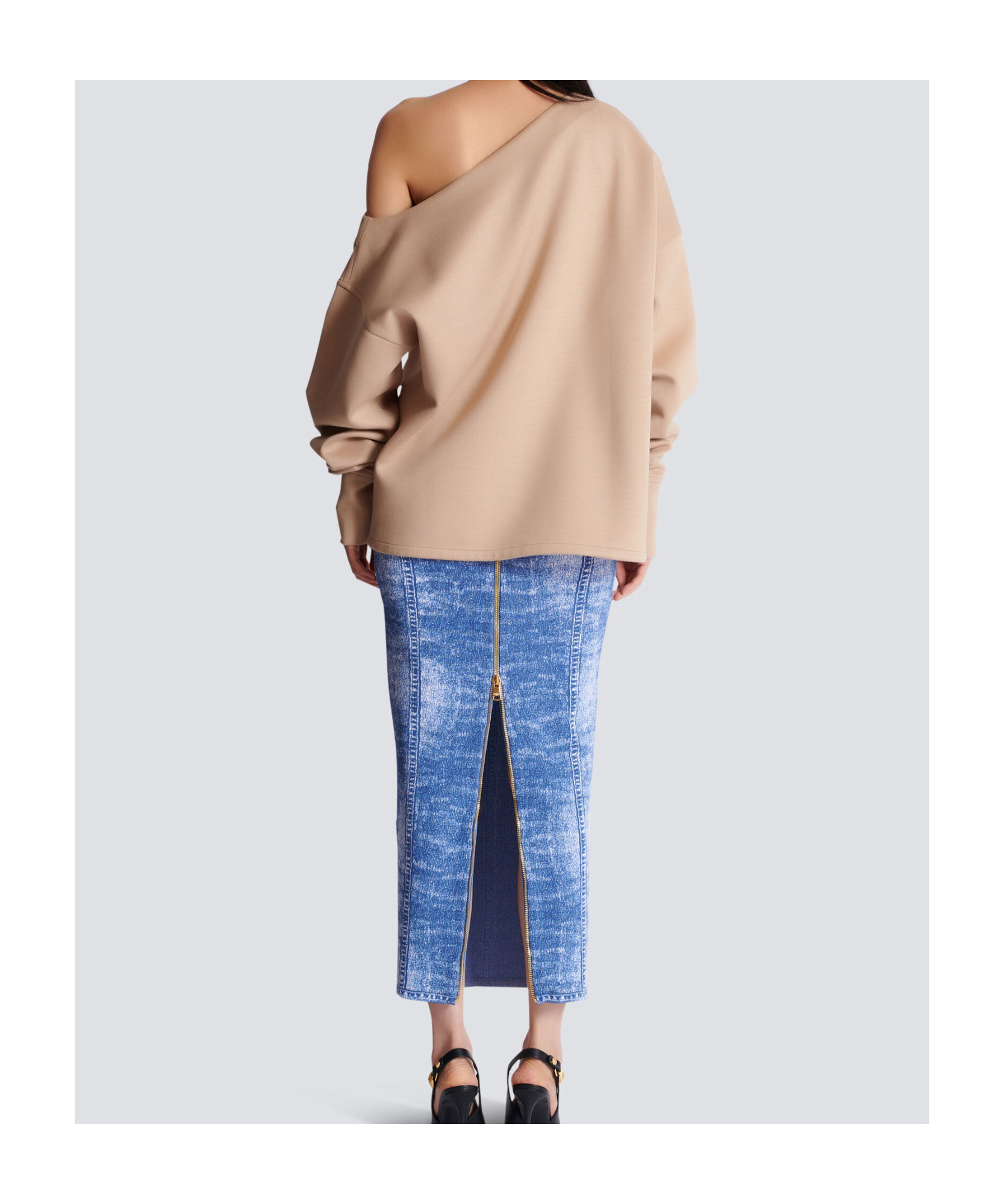 Balmain Beige Asymmetrical Jersey Off-the-shoulder Sweatshirt In Nude