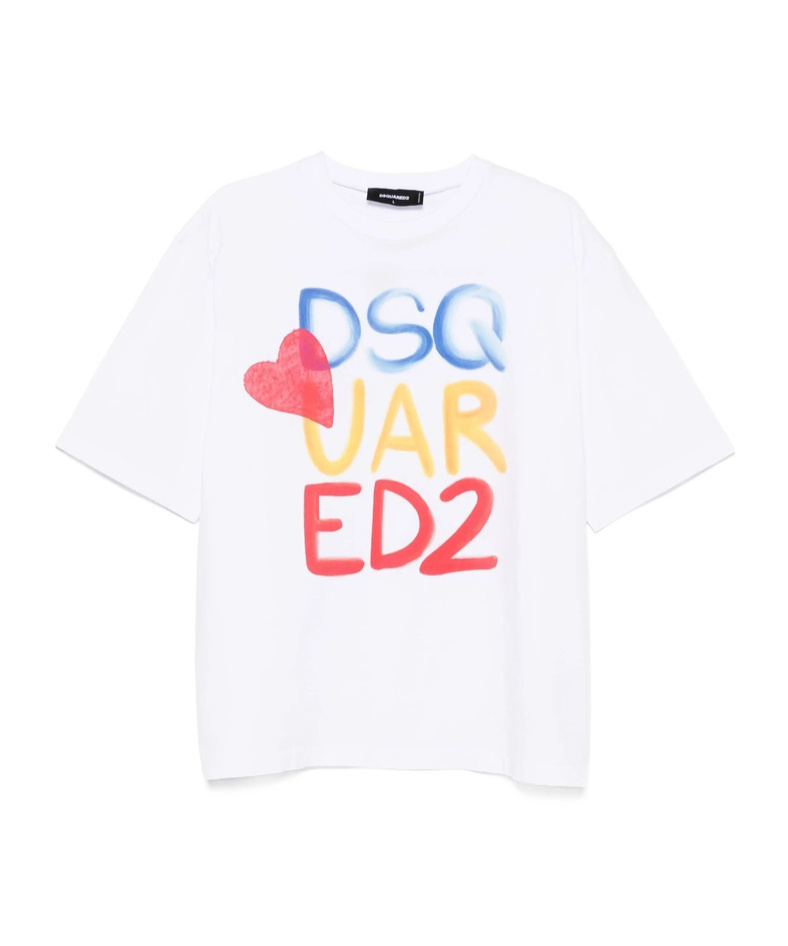 Dsquared2 White Round Neck T Shirt With Printed Maxi Logo On The Front And Heart Detail In Cotton Woman In White