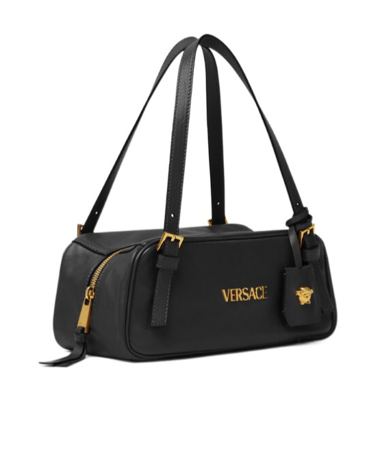 Versace Tag Bowling Black Shoulder Bag With Metallic Logo Lettering And Medusa Head Pendant In Leather Woman In Black