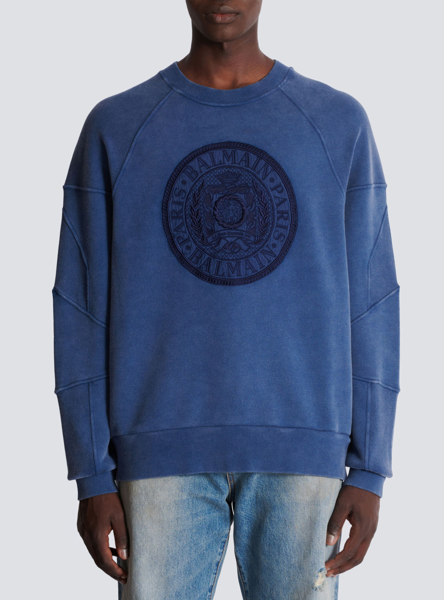 Balmain Coin Embroidered Crewneck Sweatshirt In Blue
