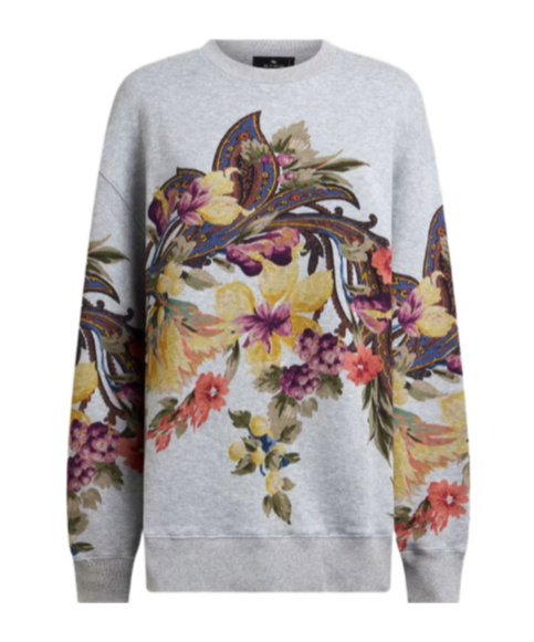 Etro Cotton Sweatshirt With Placed Paisley And Flower Print In Grey