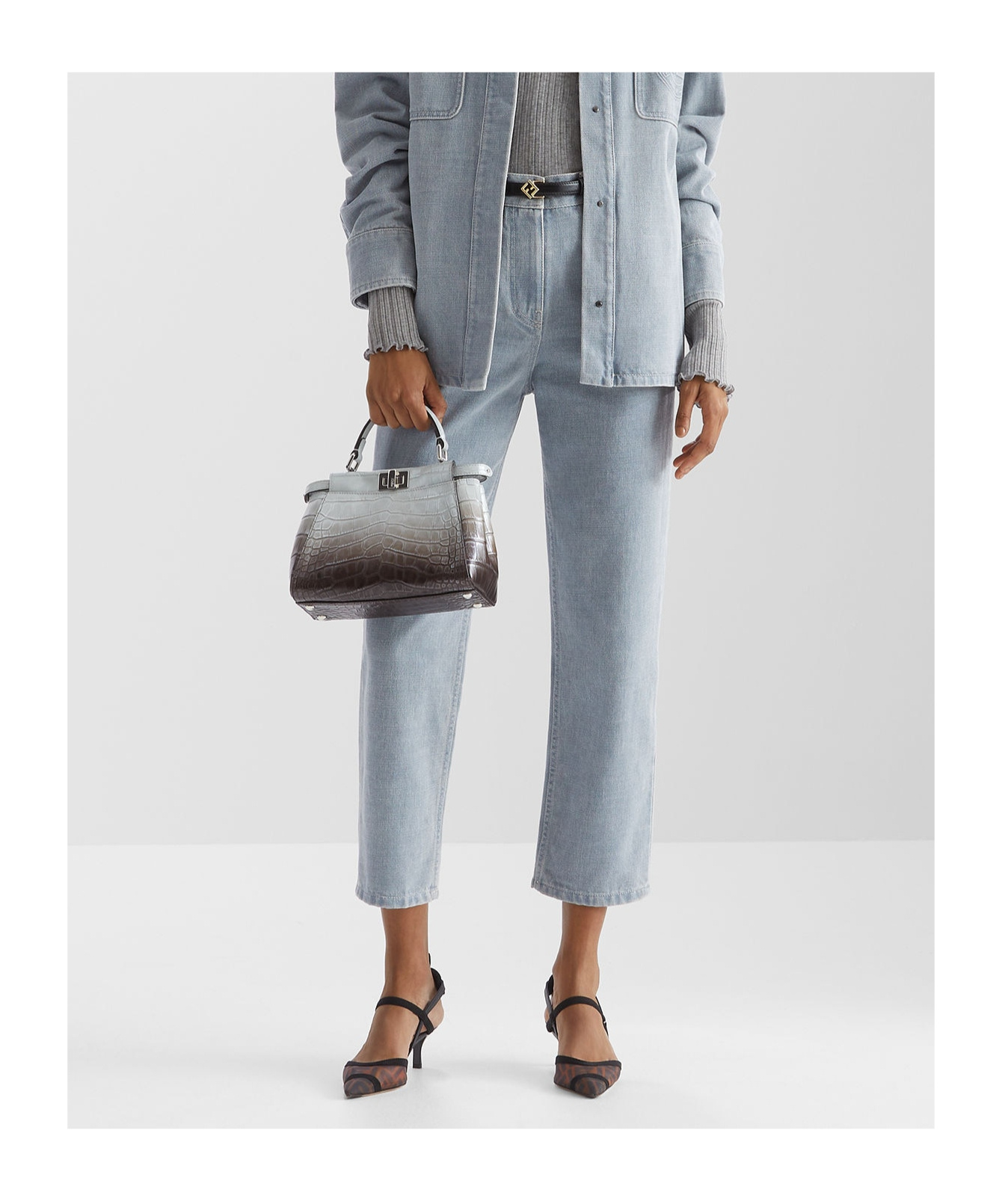Fendi Light Denim Jeans With Embroidery In Gray