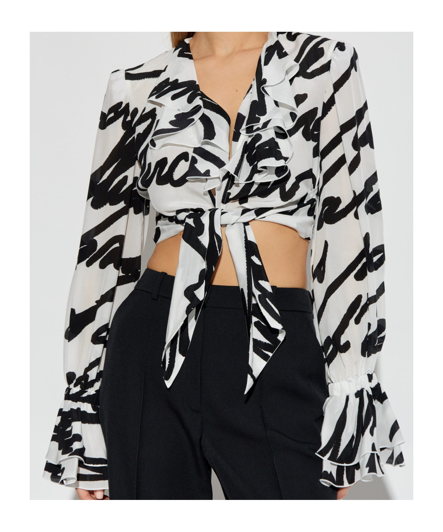 Balmain Love Letter Print Silk Cropped Top In White