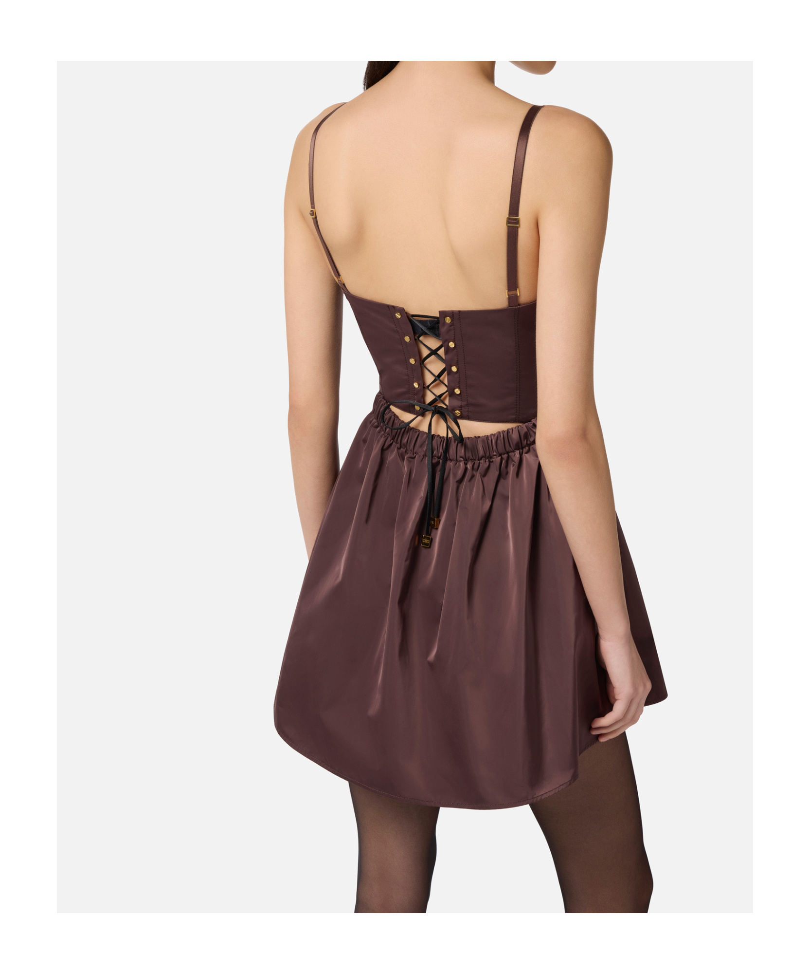 Elisabetta Franchi Mini Dress In Voile Fabric With Criss-cross Details In Brown