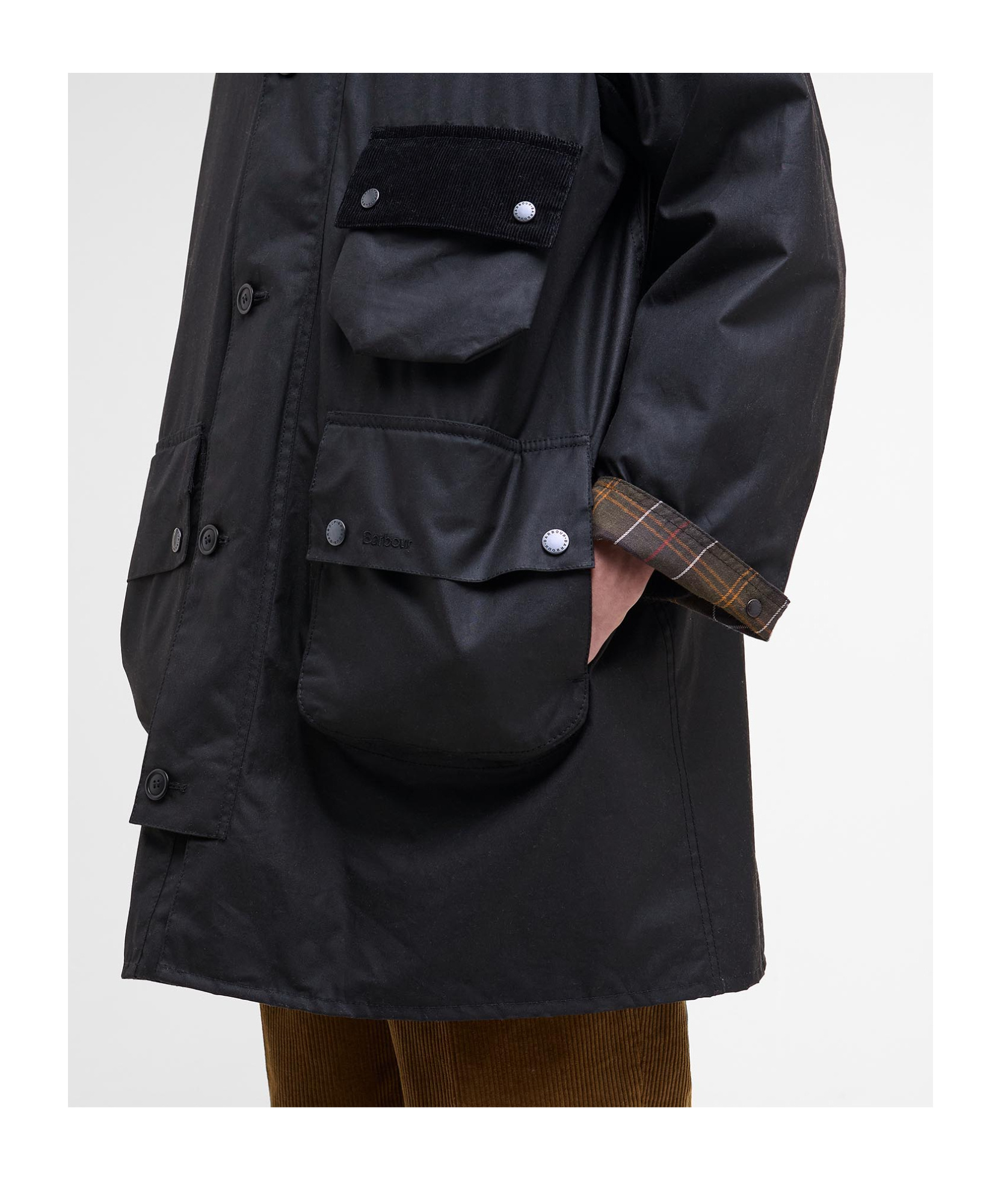 Barbour Long Hooded Jacket Flap Pockets In Black