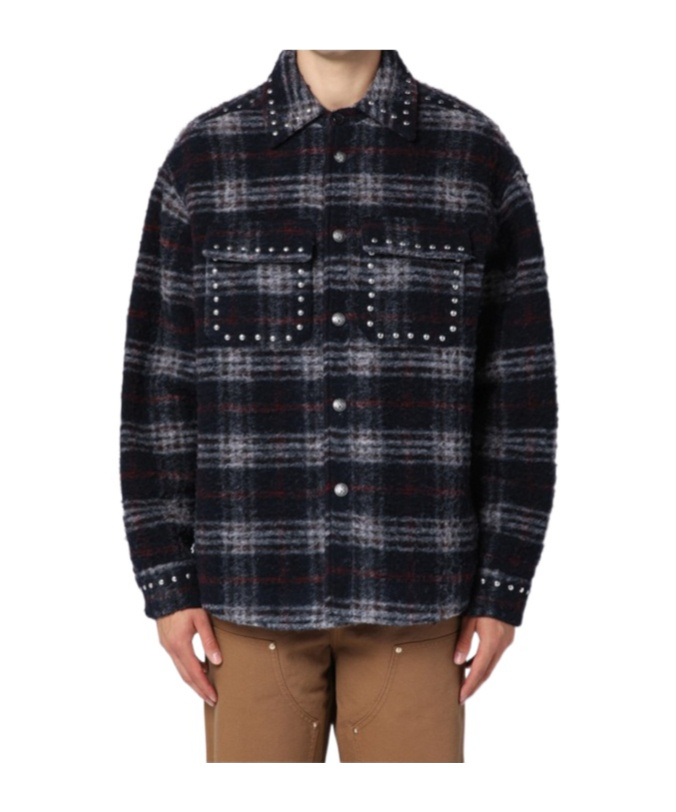 Palm Angels Plaid Check Studded Wool Overshirt In Black