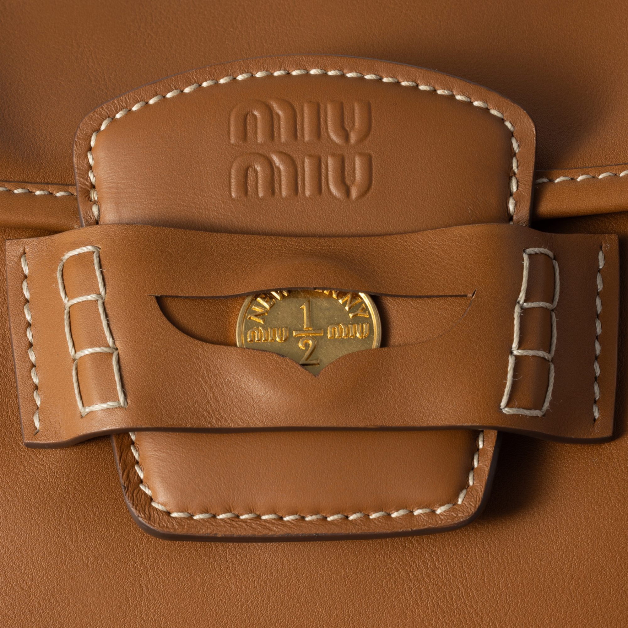 Miu Miu Leather Penny Shoulder Bag With Adjustable Strap In Brown