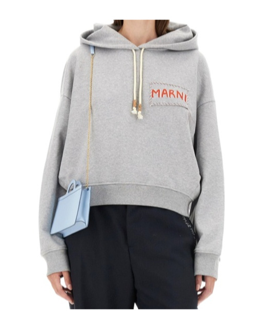 Marni Logo Printed Drawstring Hoodie In Gray