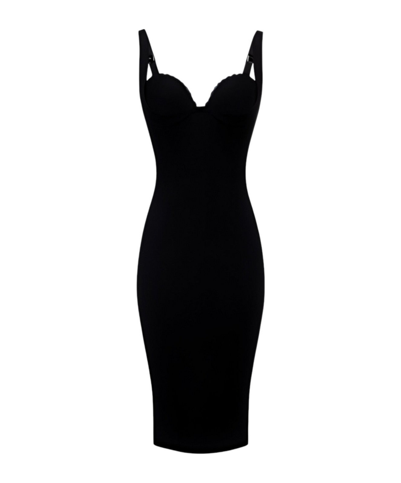 Elisabetta Franchi Double Stretch Crepe Dress With Embroidered Scalloping In Black