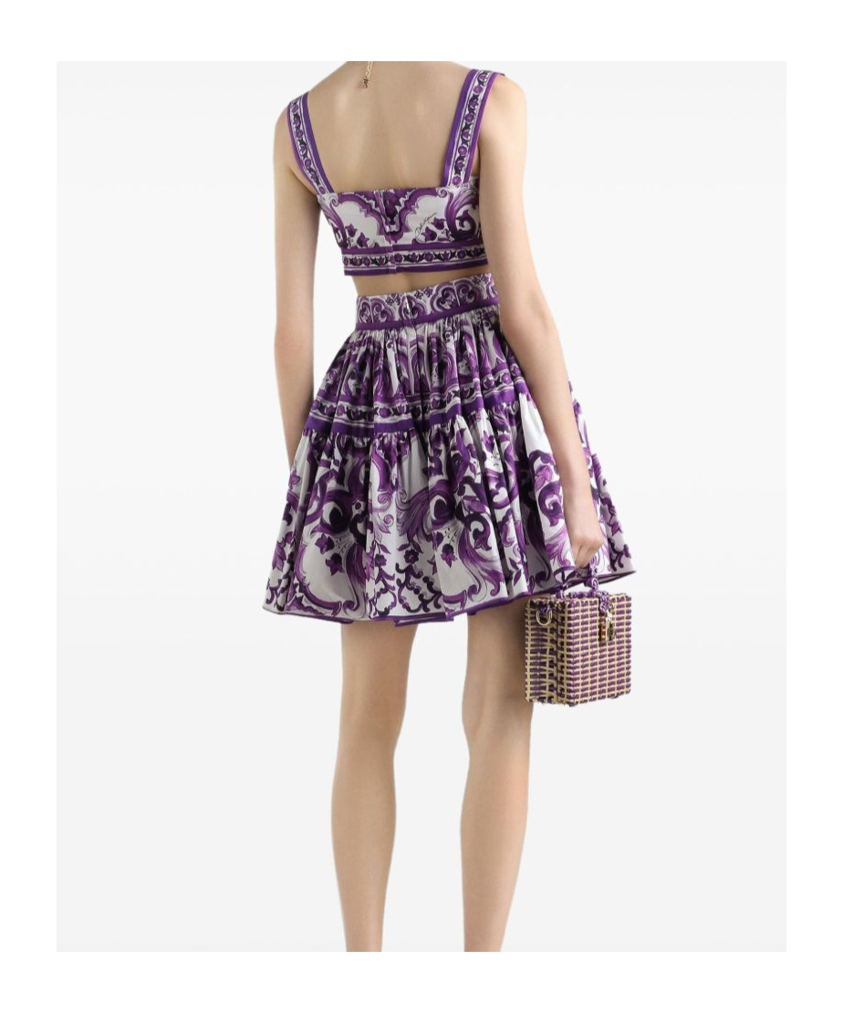 Dolce & Gabbana Violet Pleated Miniskirt With Rear Zip Closure And All-over Graphic Print In Cotton Woman