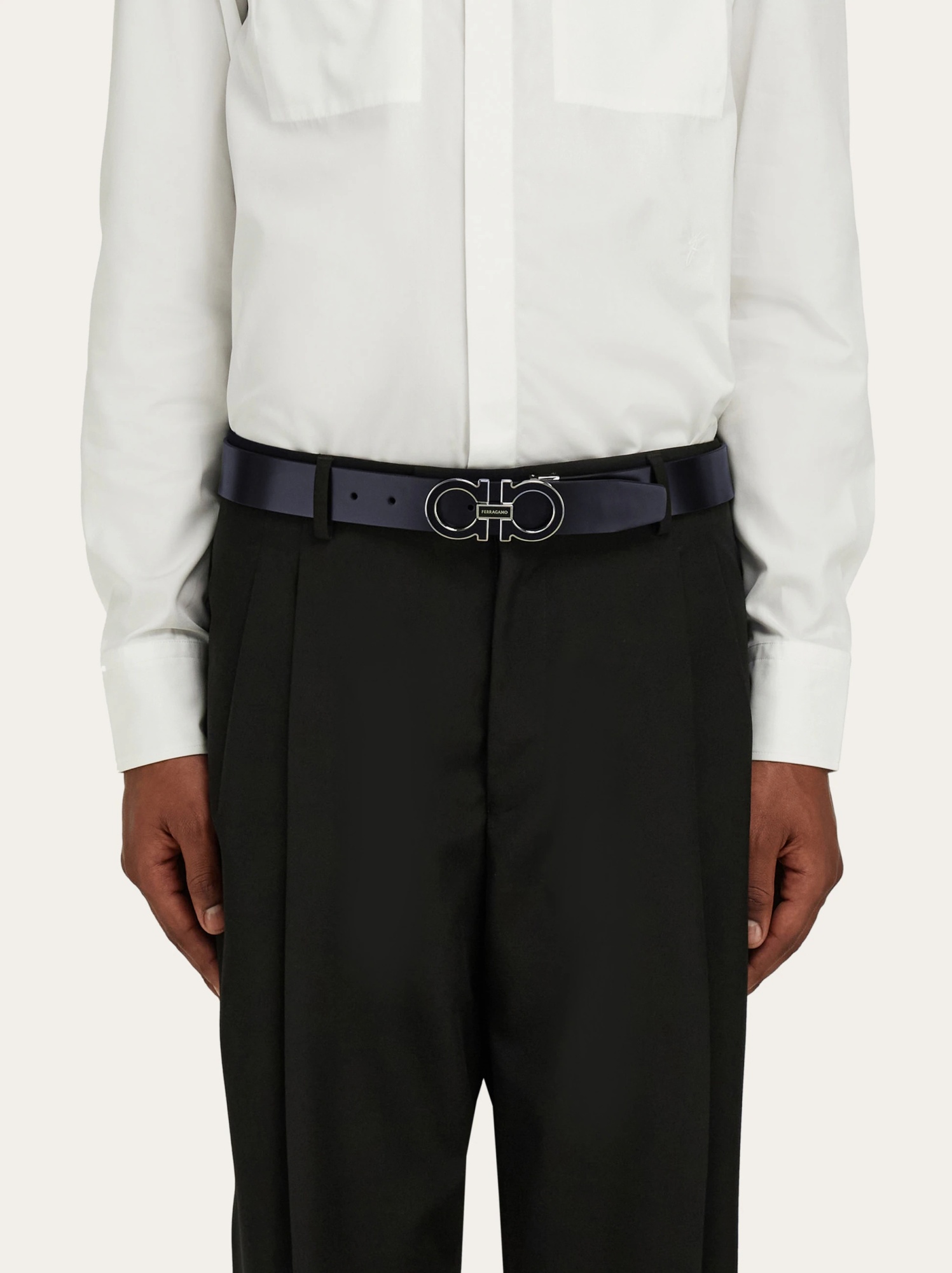 Ferragamo Salvatore Man's Bicolor Leather Belt With Logo Buckle In Black