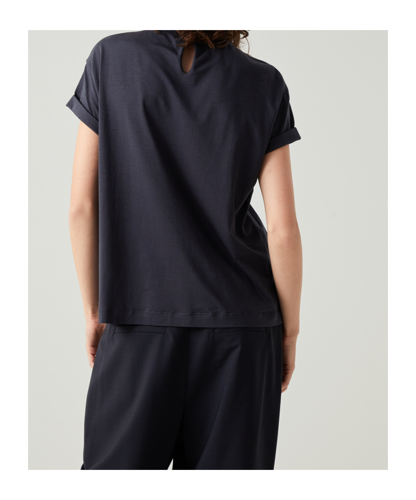 Brunello Cucinelli Blue Crewneck T-shirt With Monil Detail On The Collar And Rear Cut-out In Cotton Stretch Woman In Blue