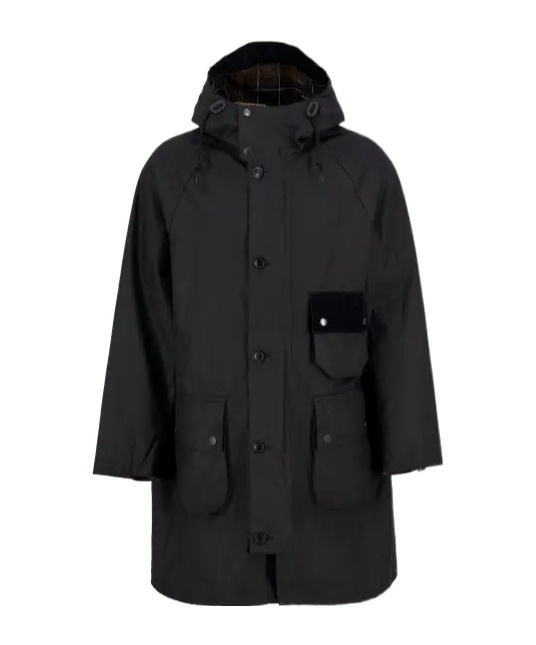 Barbour Long Hooded Jacket Flap Pockets In Black