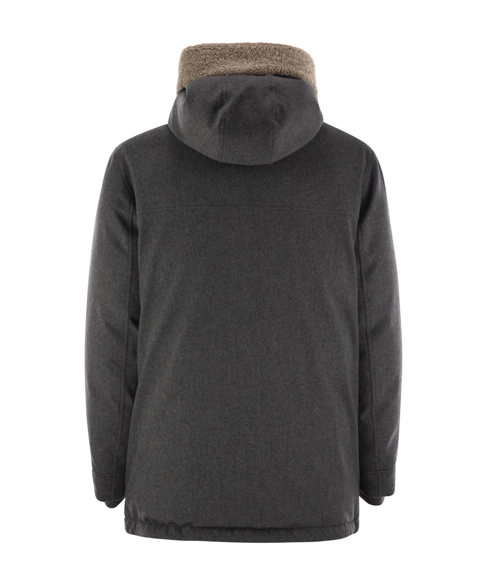 Brunello Cucinelli Men Membranated Wool Flannel Parka Down Jacket With Hood And Shearling Insert In Black