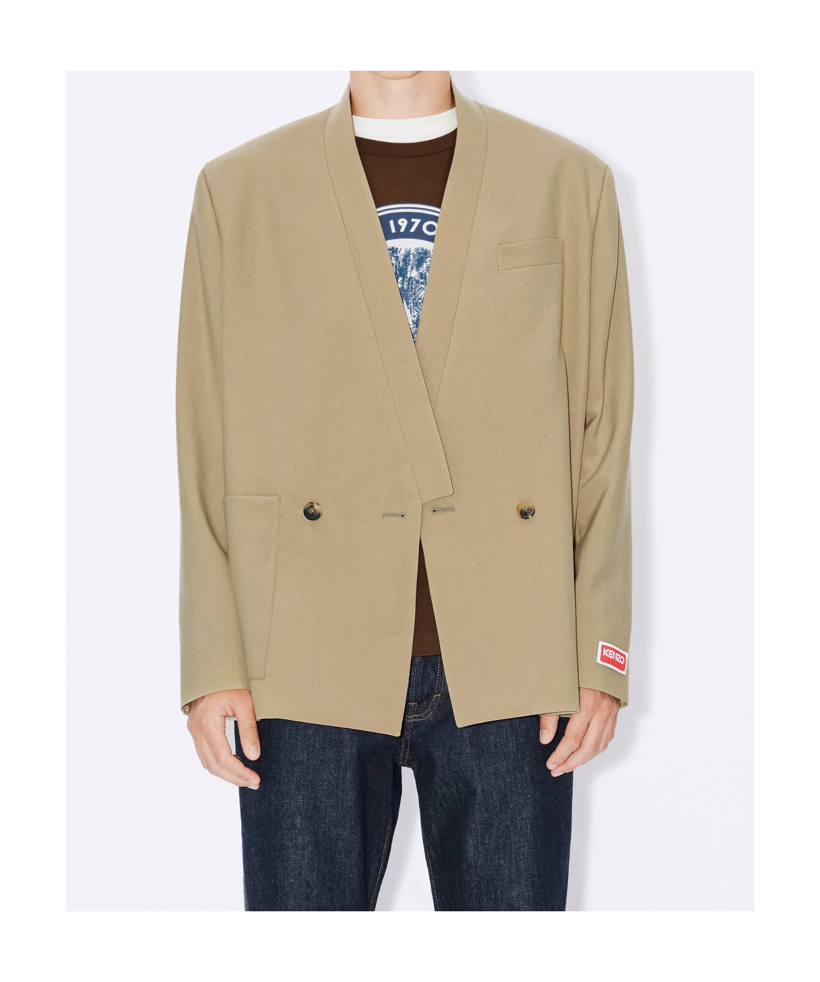 Kenzo Collarless Double-breasted Wool Blazer In Nude