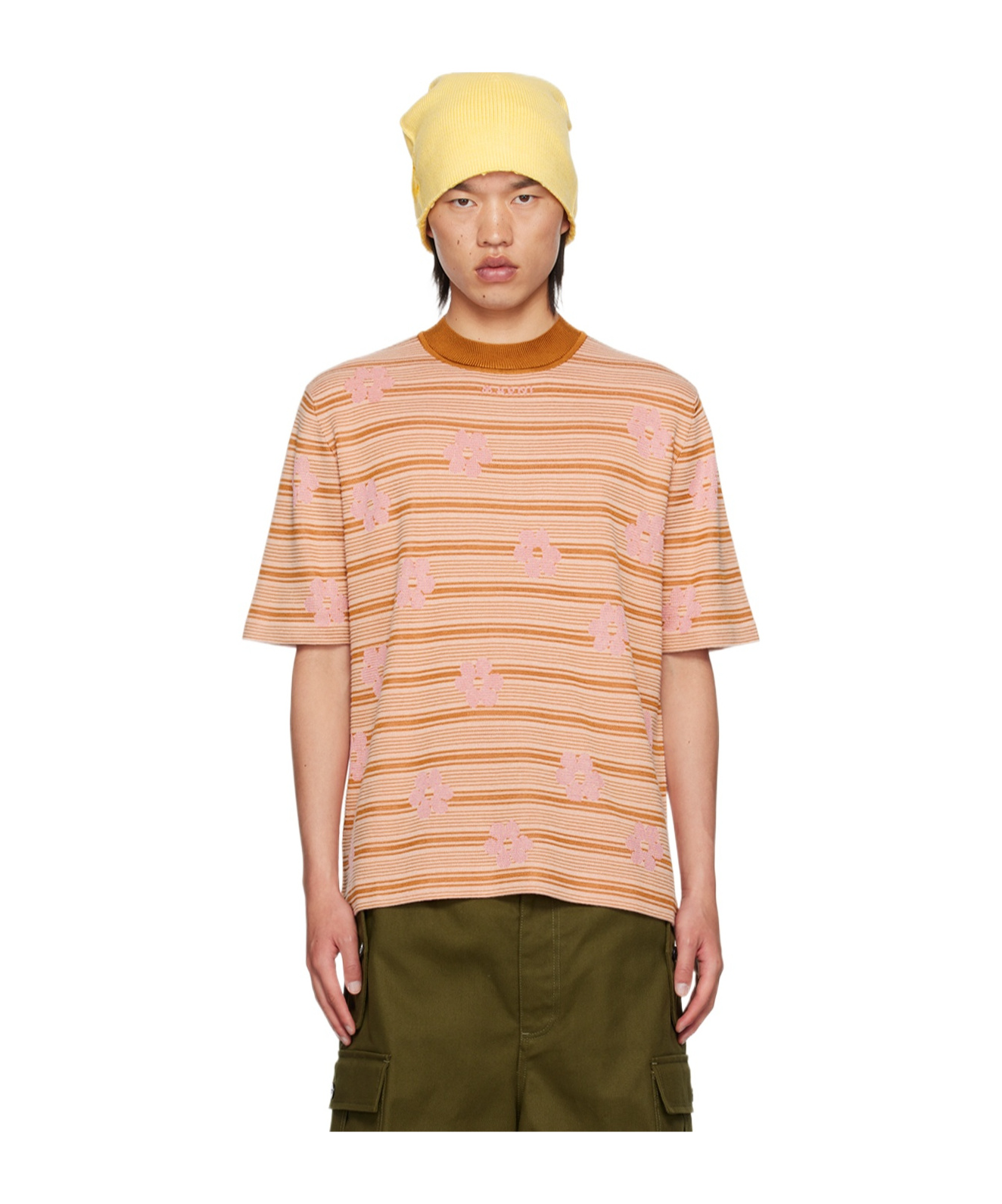 Shop Marni Intarsia-logo Knitted Cotton T-shirt In Nude