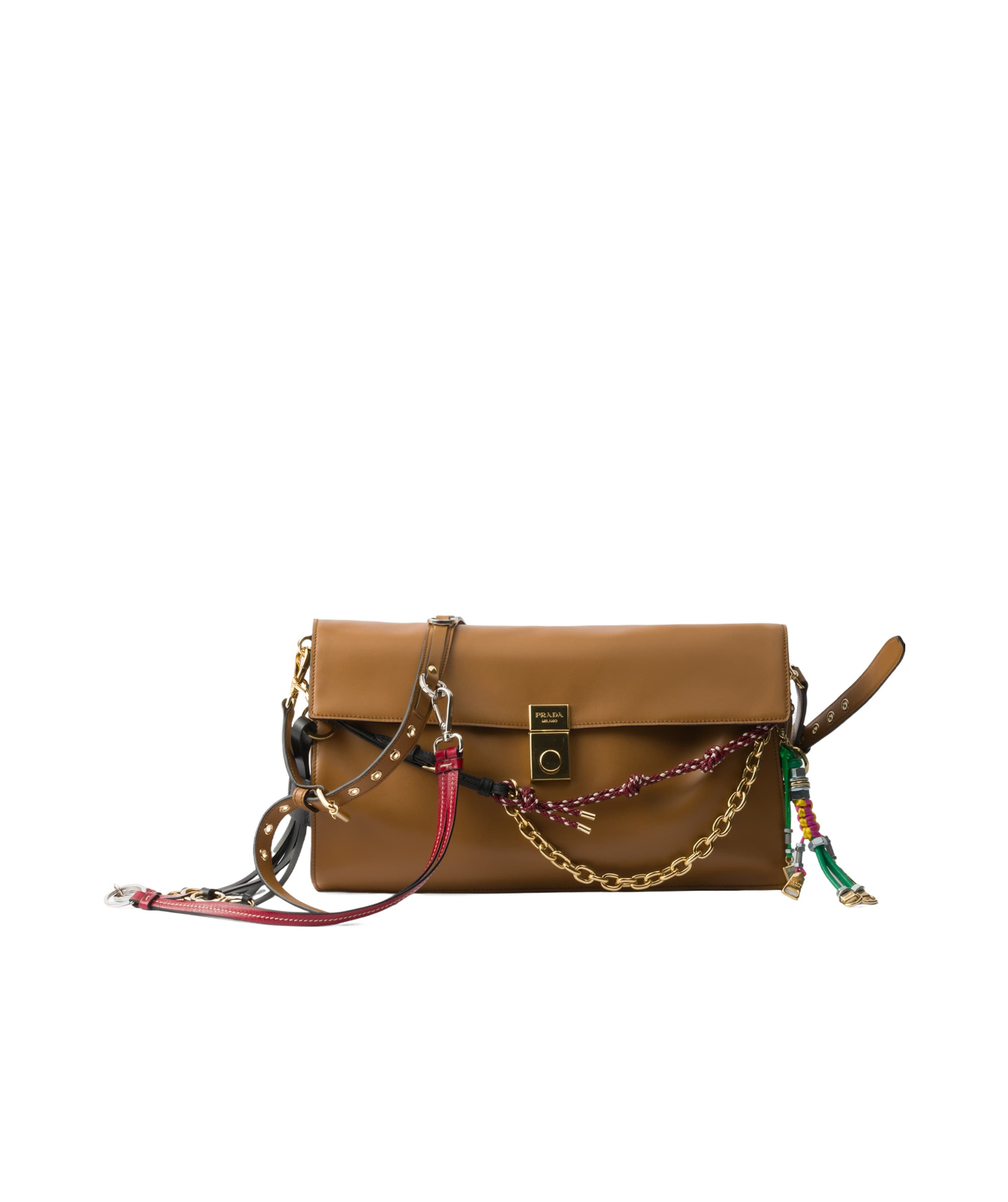 Prada Soft Sound Large Caramel Bag With Charms In Brown