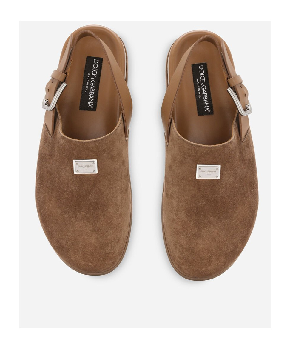 Dolce & Gabbana Logo-plaque Suede Mules In Brown