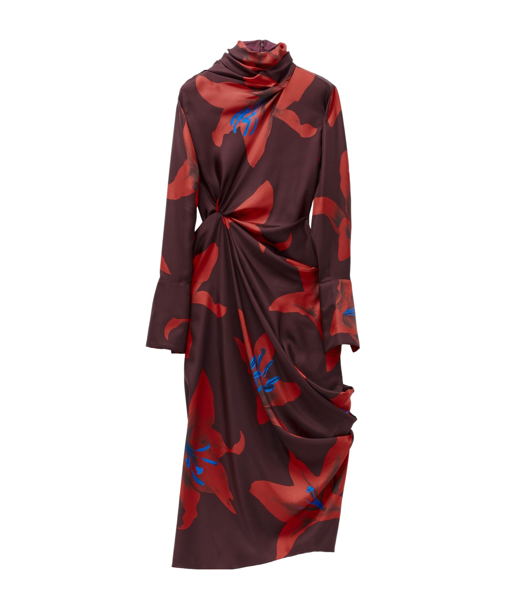 Alexander Mcqueen Turtleneck Floral Twisted Long-sleeve Midi Dress In Red