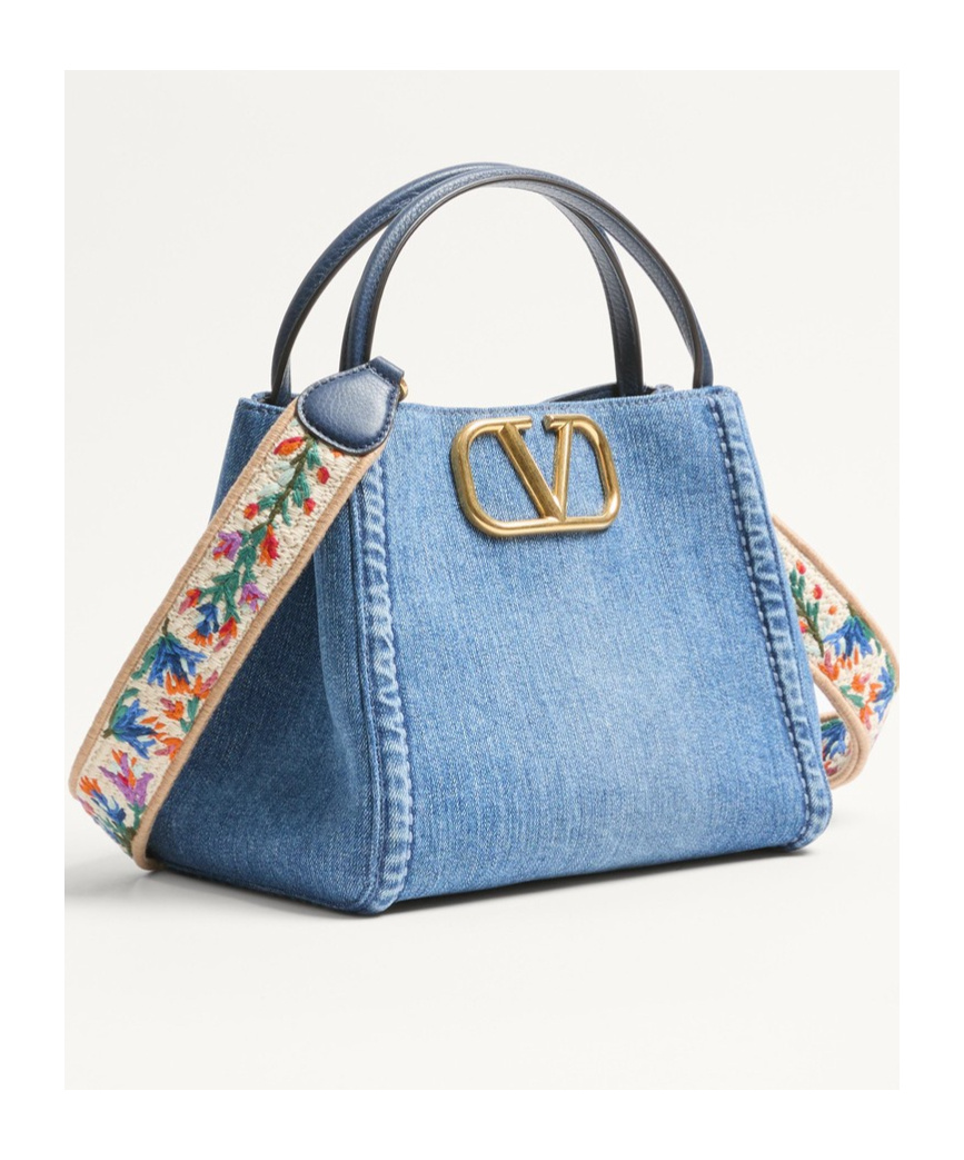 VALENTINO GARAVANI VALENTINO GARAVANI ALLTIME MEDIUM HANDBAG IN DENIM WITH EMBROIDERED STRAP