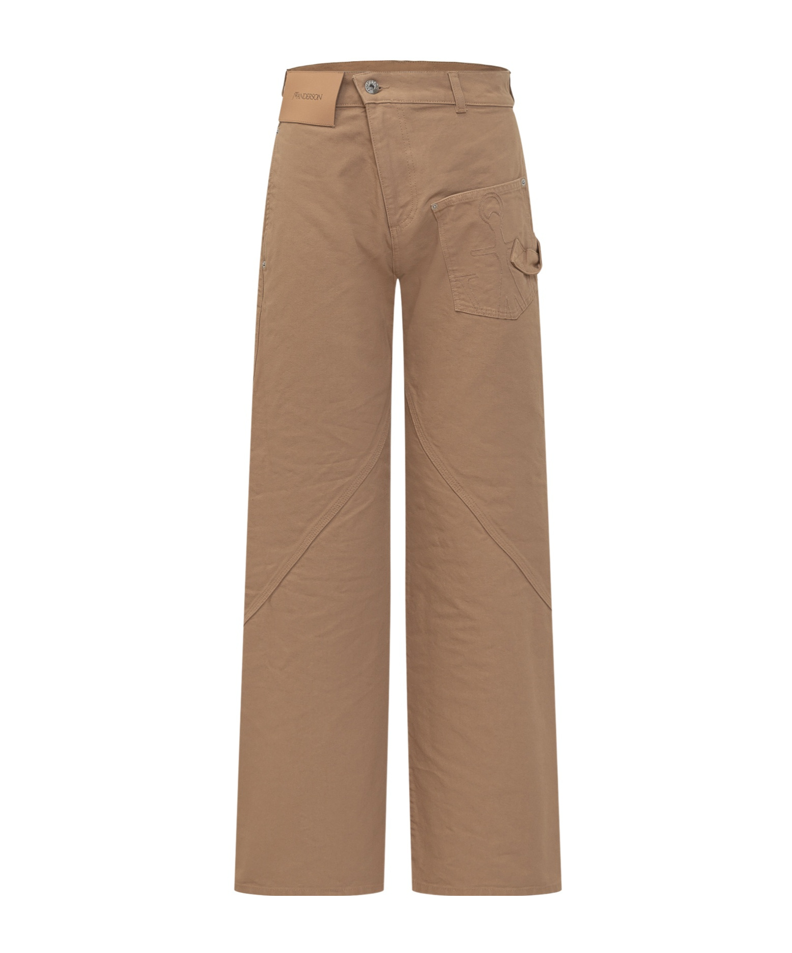 Jw Anderson Twisted Asymmetric Embroidered Cotton-canvas Pants In Brown