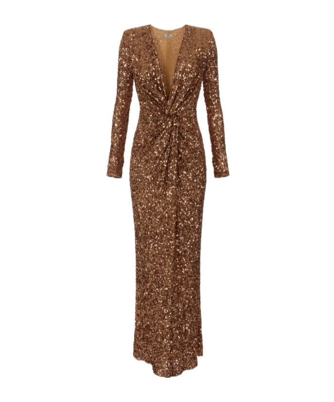 Elisabetta Franchi Sequin Embellished Maxi Dress V-neckline In Brown