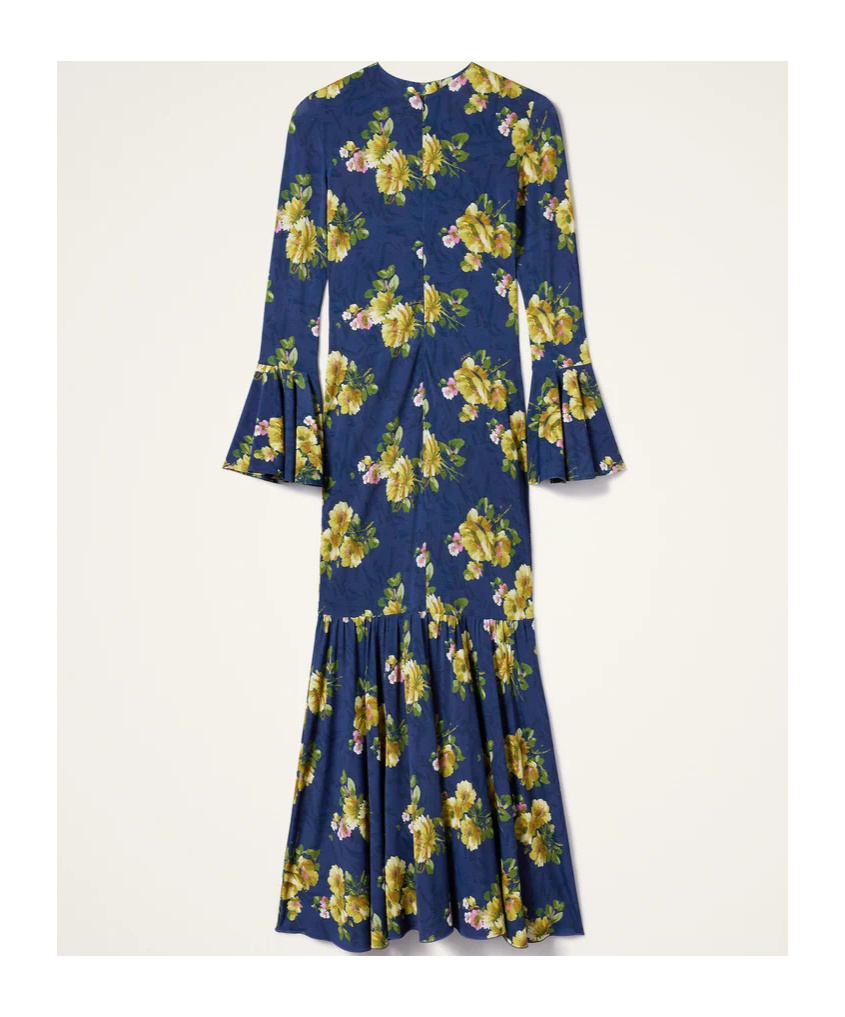 La Doublej Floral Bell-sleeve Midi Dress In Blue