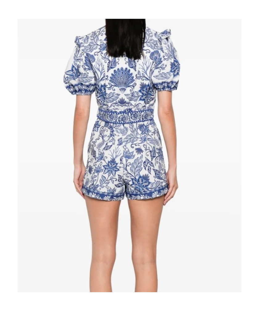 Farm Rio Shell Garden V-neckline Romper In Off-white In Blue