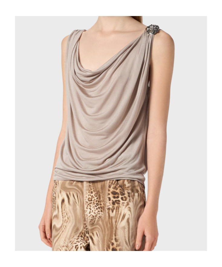 Blumarine Jersey Top With Metal Rose Decoration In Pink