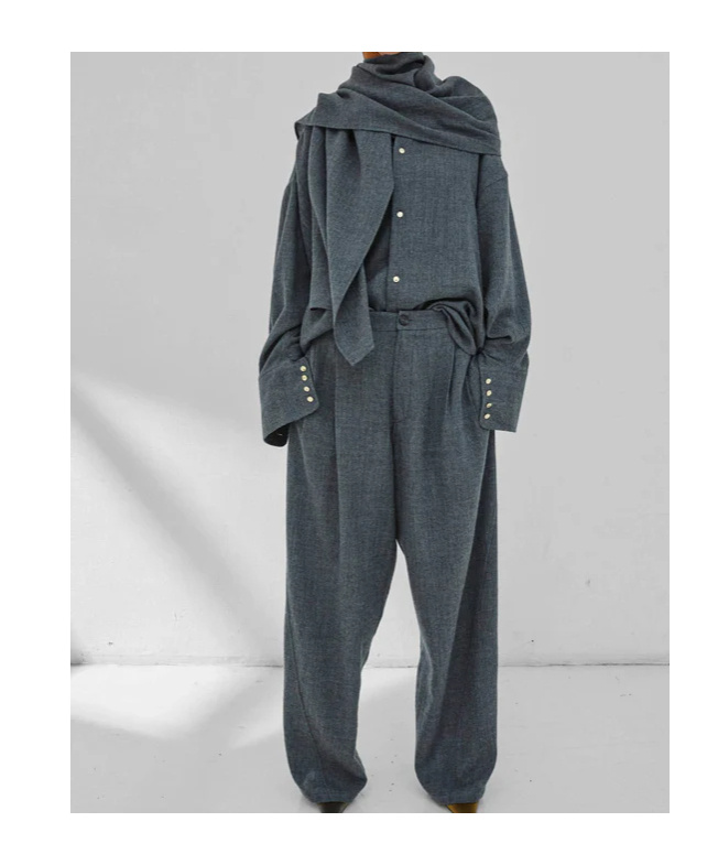 Darkpark Draped Wool Shirt With Textured Fabric In Gray