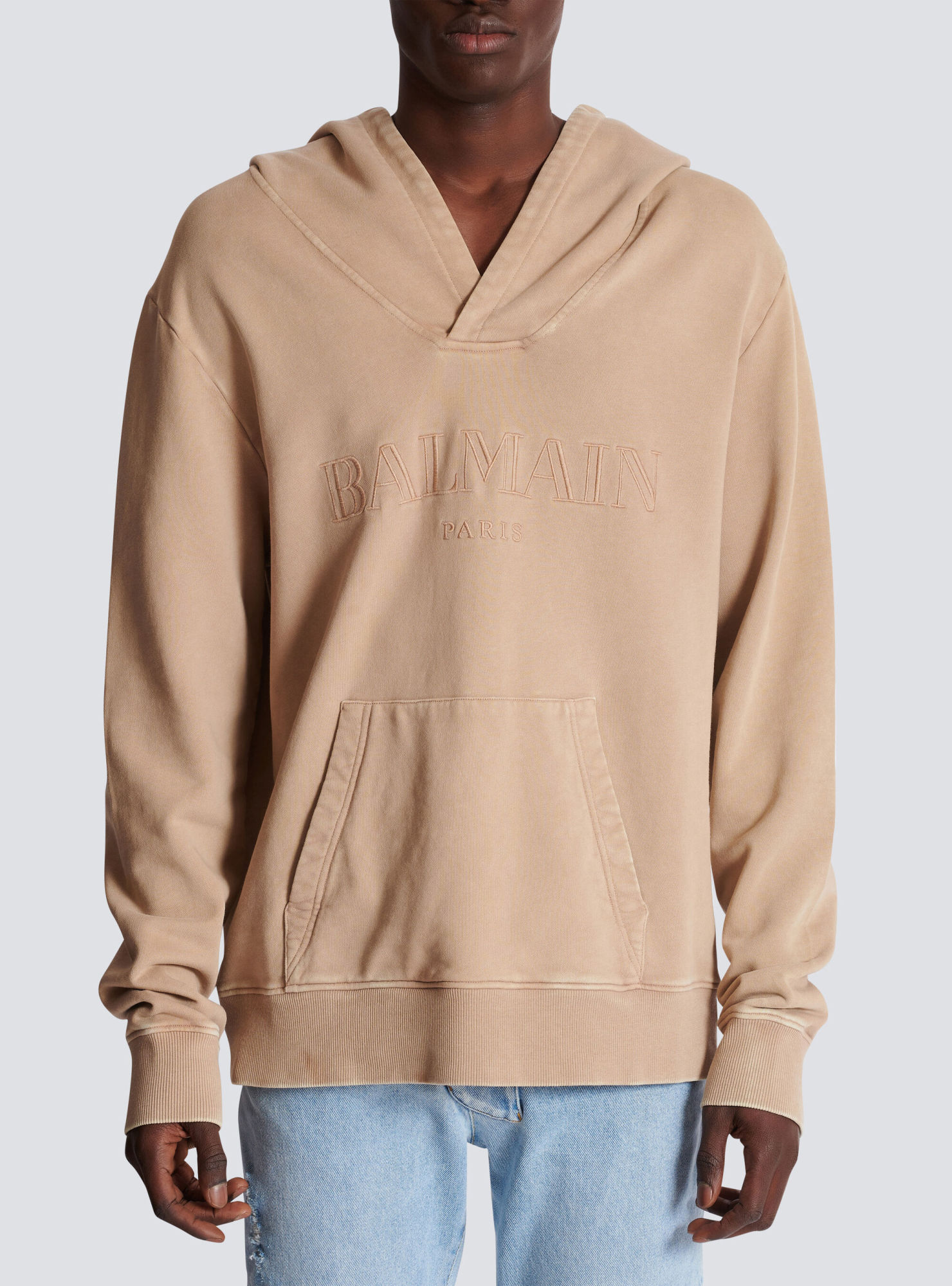 Balmain Logo-embroidered V-neck Cotton Hoodie In Nude