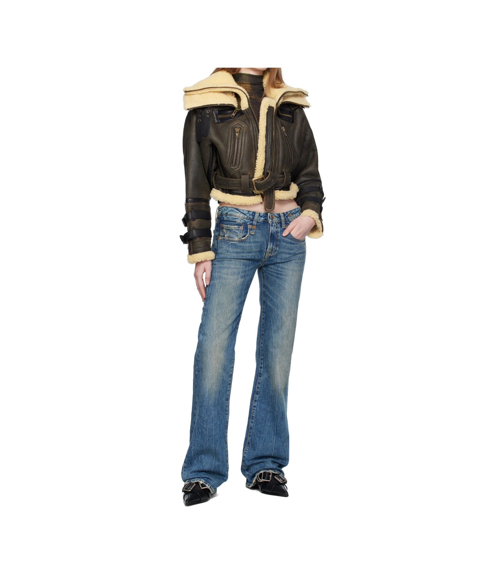 R13 Black Cropped Shearling Bomber Jacket In Black