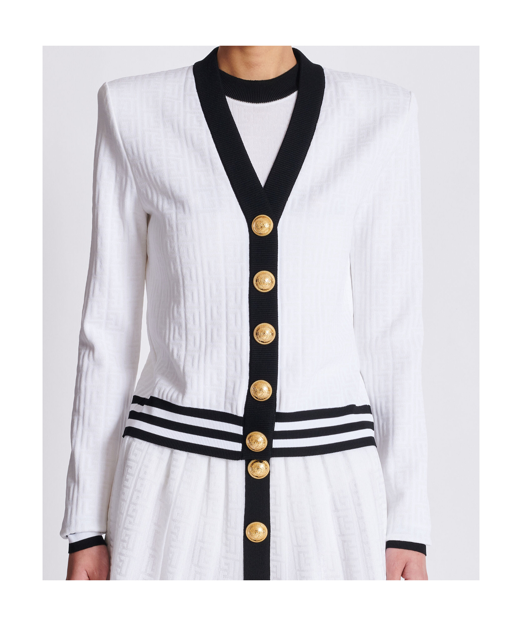 Balmain Two-tone Monogrammed Knit Cardigan In White