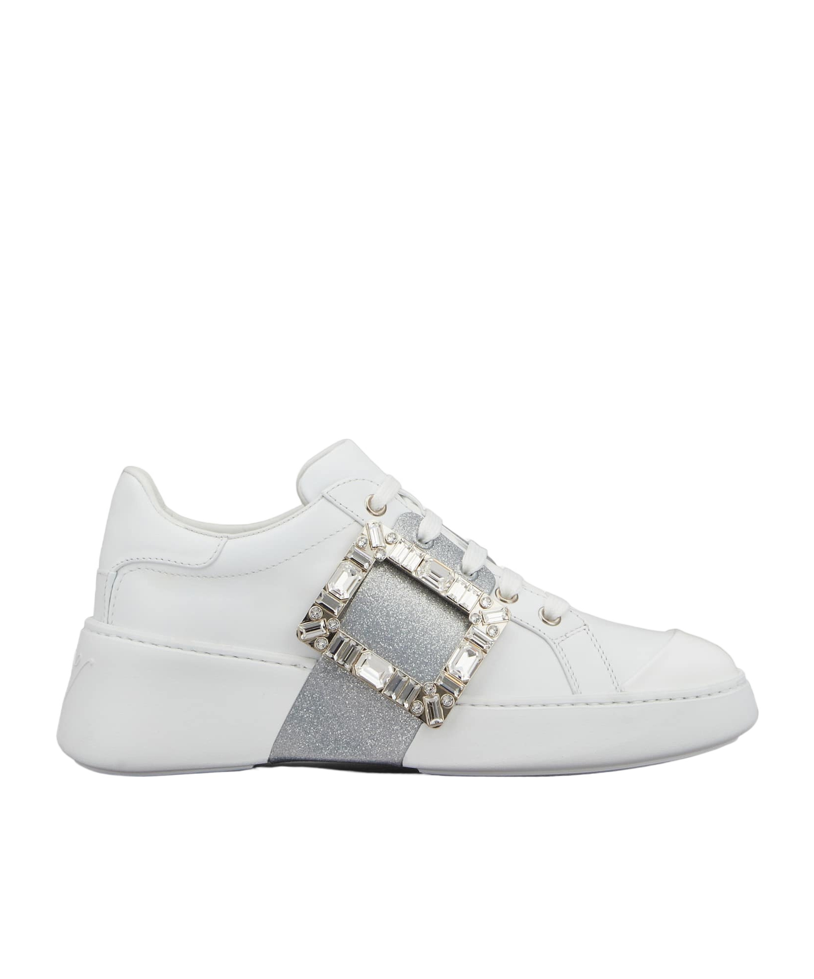 Roger Vivier Viv' Skate Glitter Embellished Buckle Sneakers In White