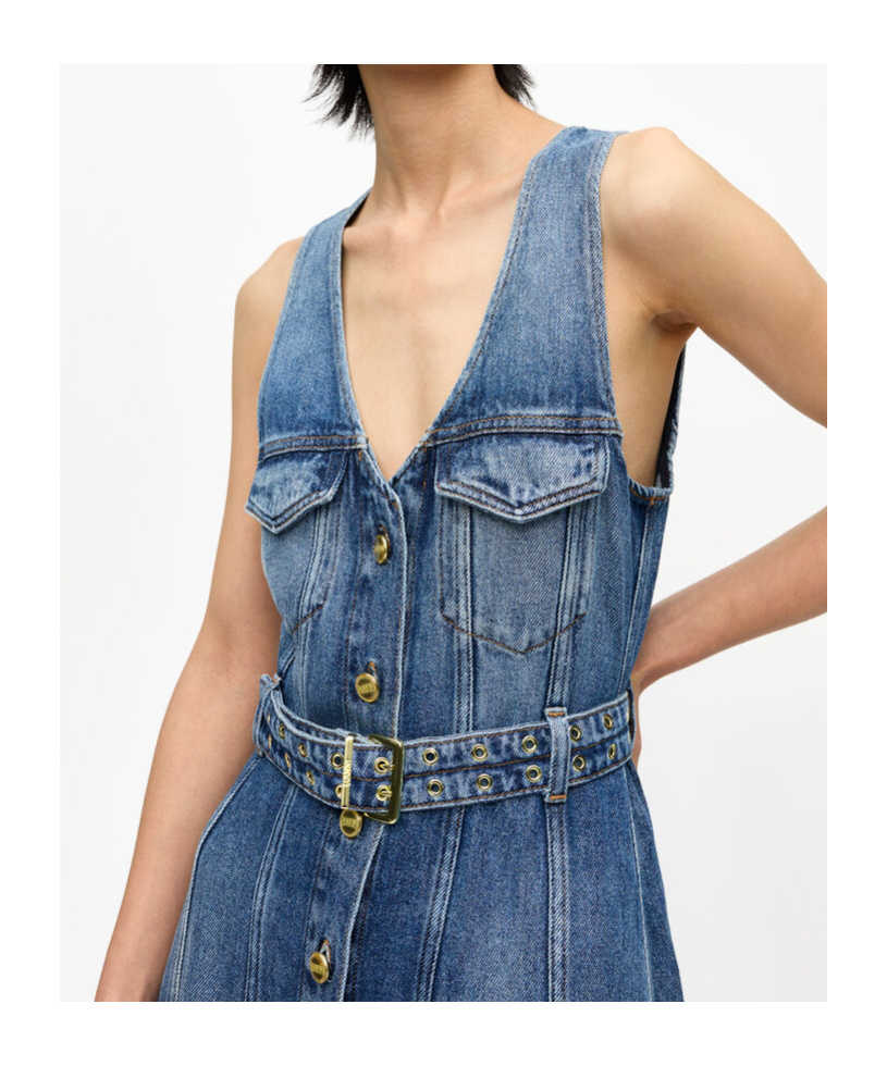 Ganni Blue Light Denim Belt Midi Dress In Chinese Blue Retro