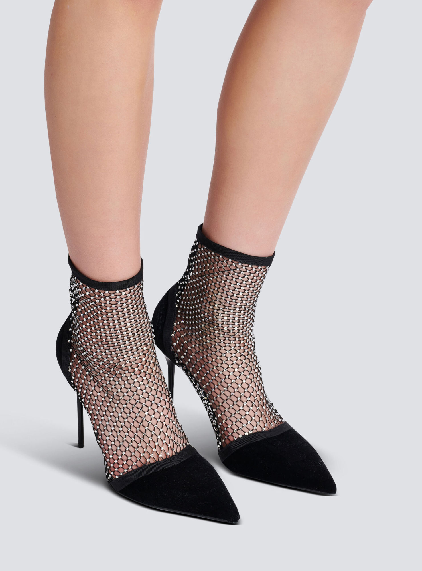 Balmain Mesh Heeled Ankle Boots With Velvet And Rhinestones In Black