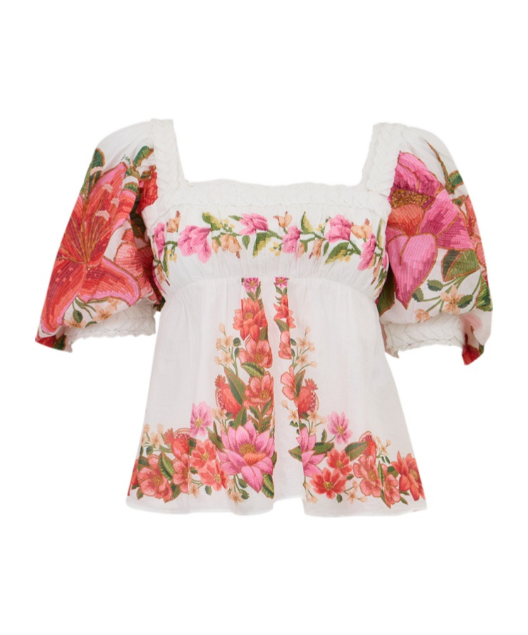 Farm Rio Summer Fruit Cotton Puff-sleeve Square-neck Blouse In White