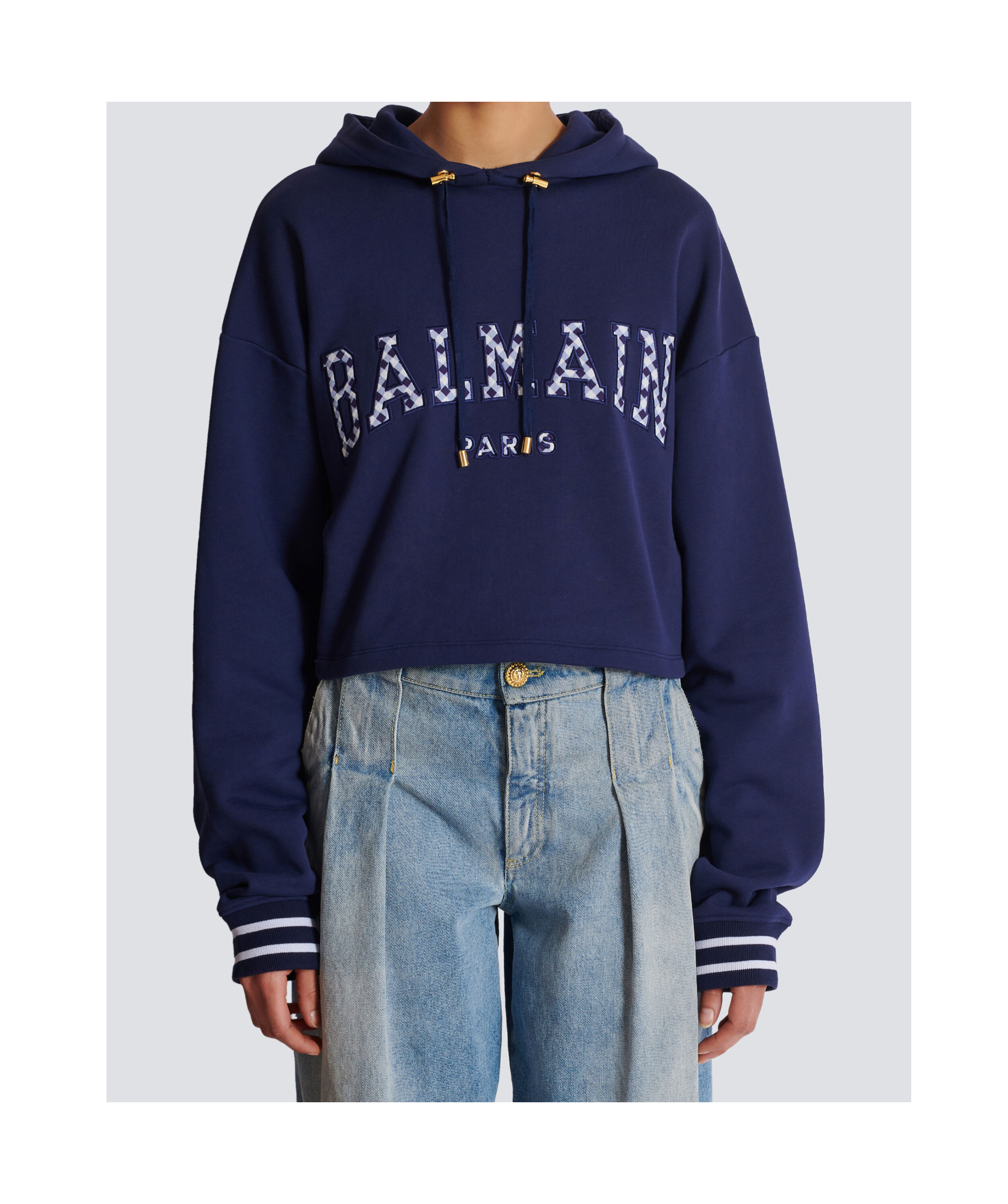 Balmain Gingham Paris Hoodie In Blue