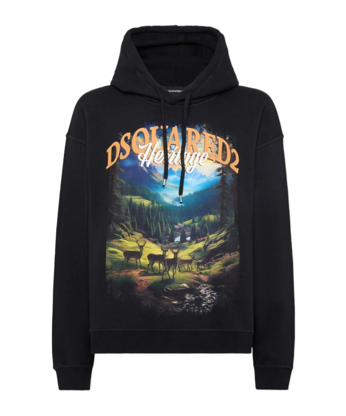 Dsquared2 Scenic Mountain Landscape Hoodie With Drawstring Detail In Black