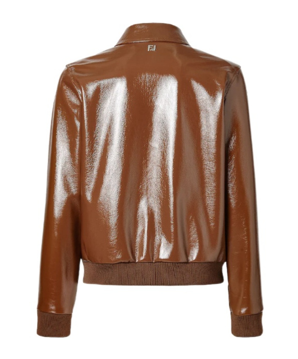 Fendi Leather Jacket Collared Design Front Pockets In Brown