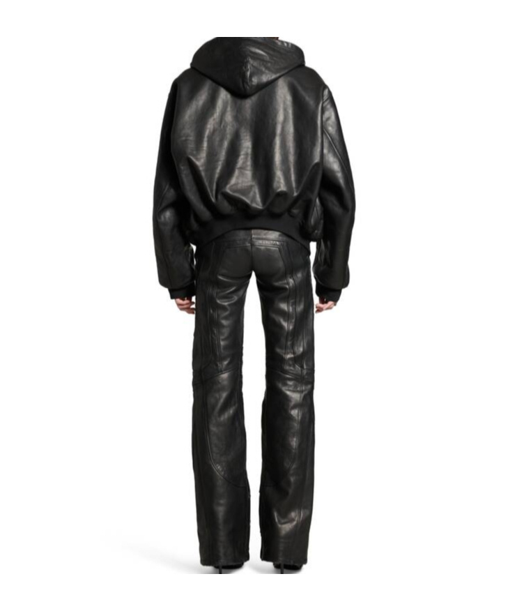 Balenciaga Leather Hooded Bomber Jacket In Black