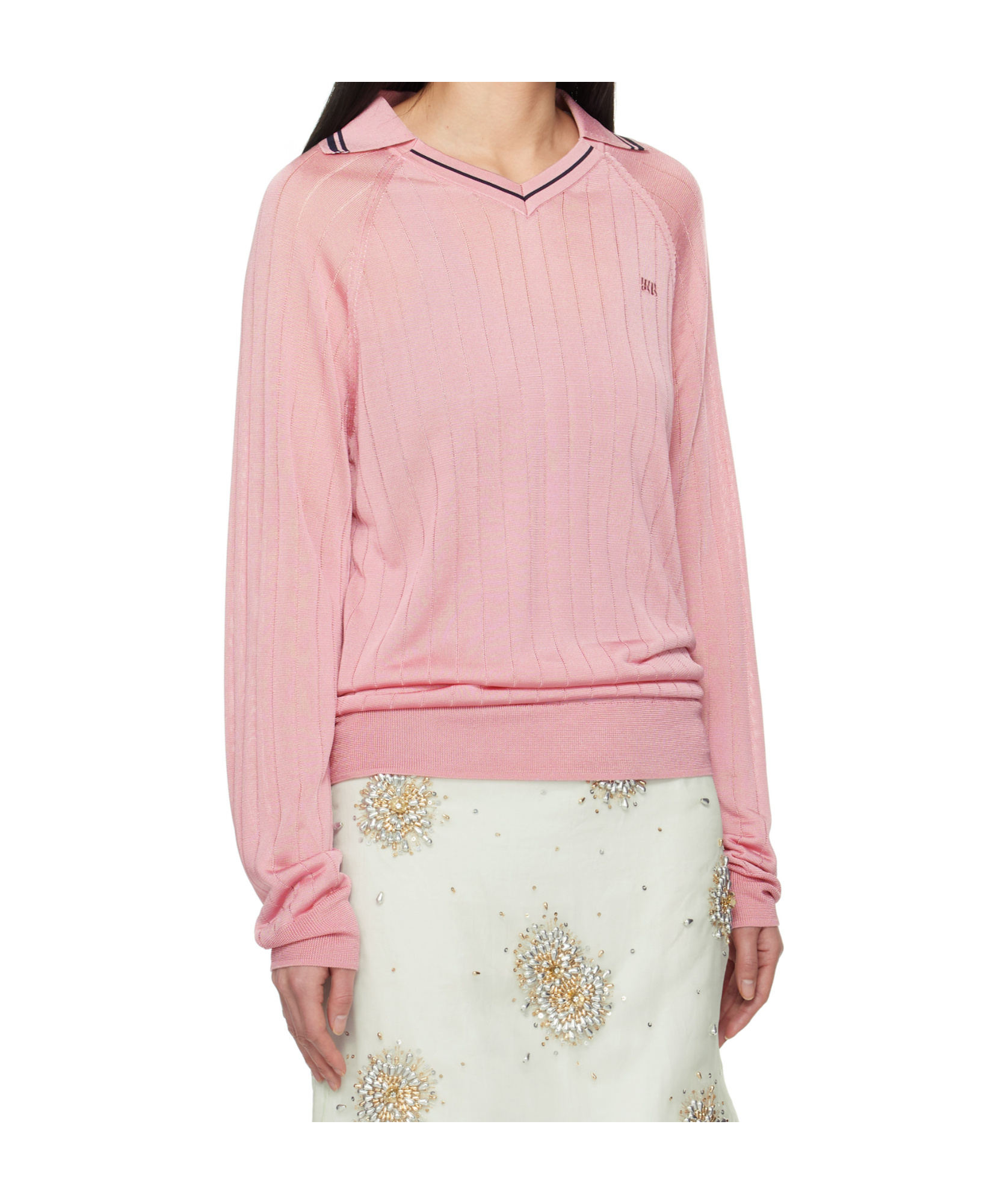 Wales Bonner Lapel Long Sleeve Polo Shirt In Pink