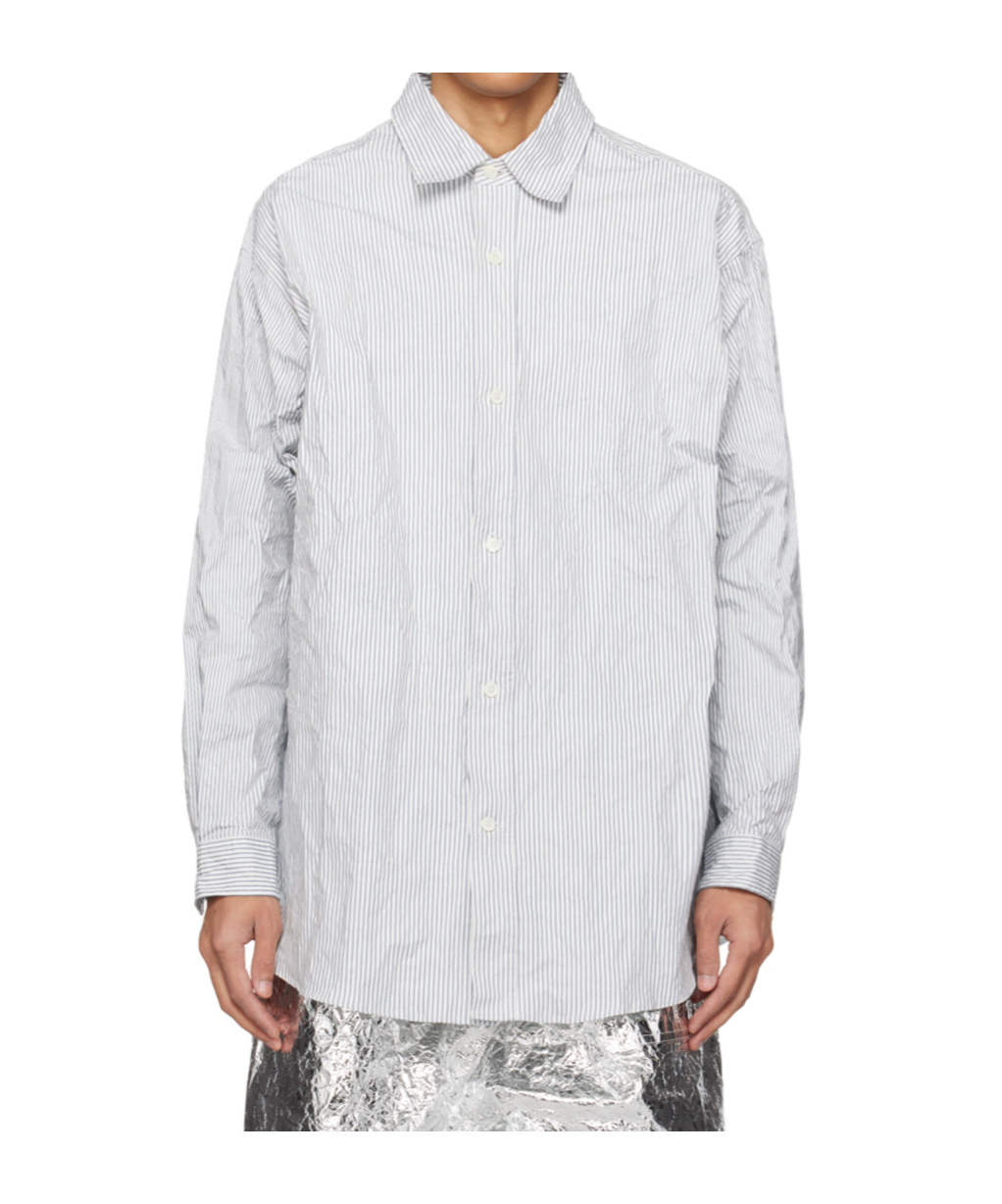 Hed Mayner White & Navy Pinstripe Shirt In White