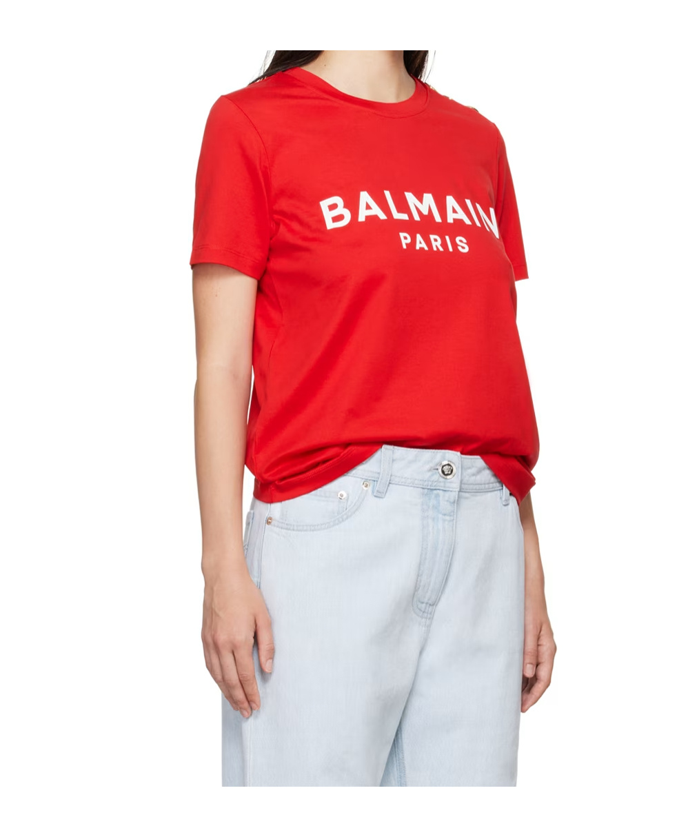 Balmain Logo Printed Buttoned Jersey T-shirt In Red