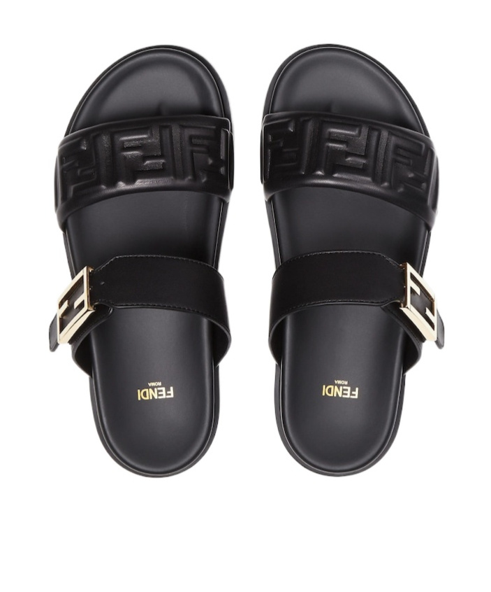 Fendi Nappa Leather Feel Double-band Slides Shoes In Black